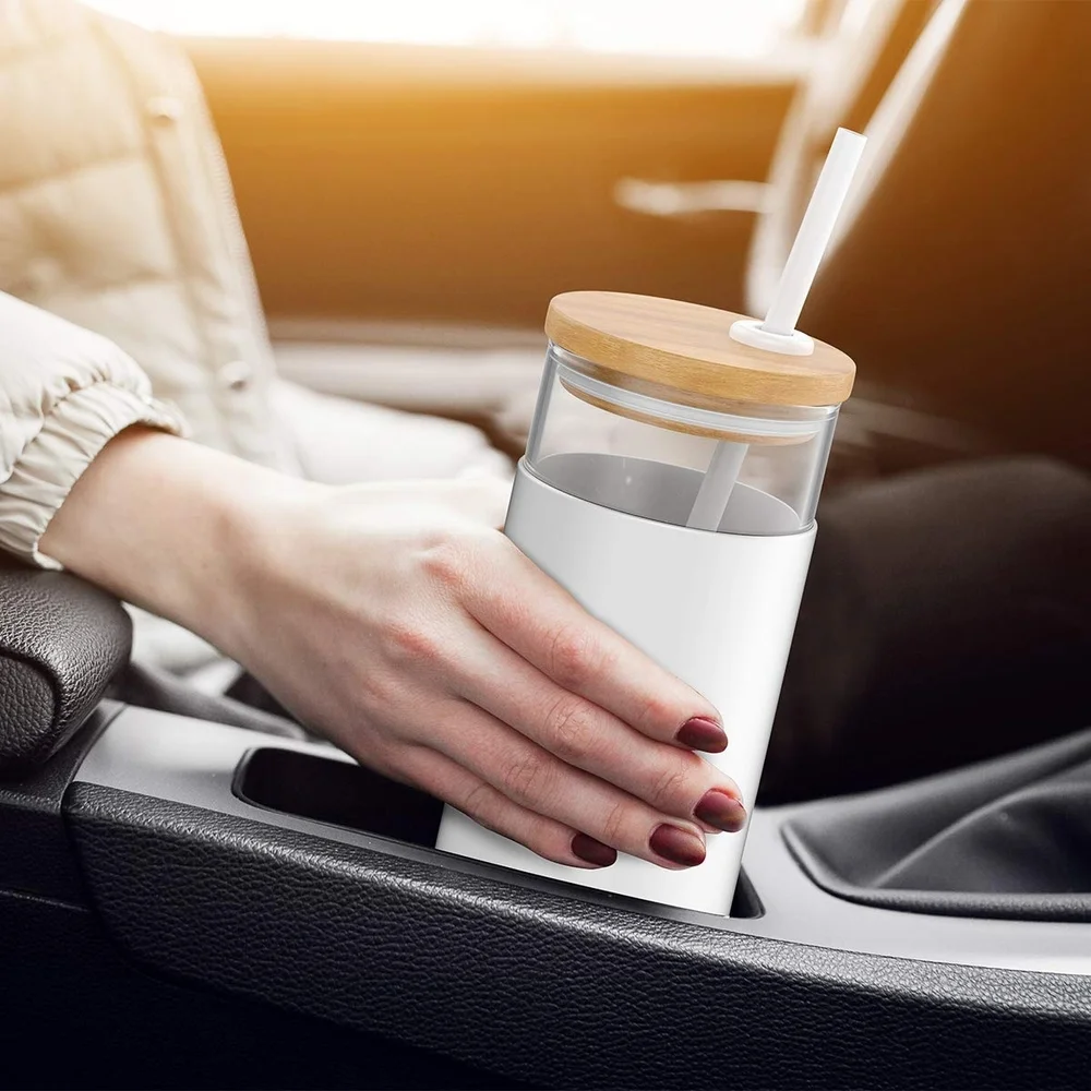 White Glass Tumbler with Bamboo Lid